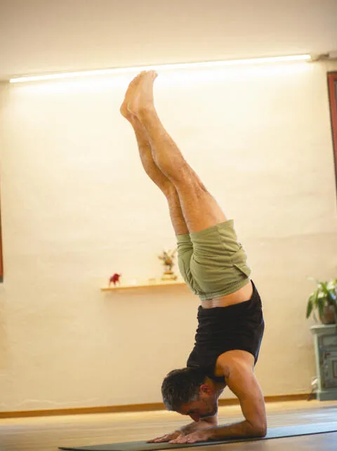 Man in a black tank top and olive shorts performing a Pincha Mayurasana (forearm stand) on a yoga mat.