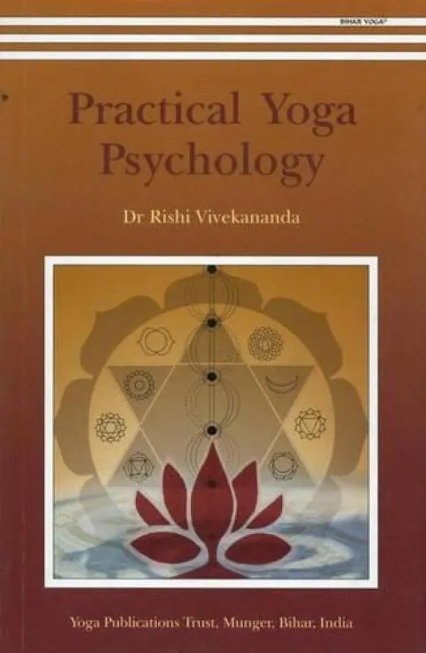 Book cover of Practical Yoga Psychology featuring a central mandala with chakra symbols and a red lotus flower.