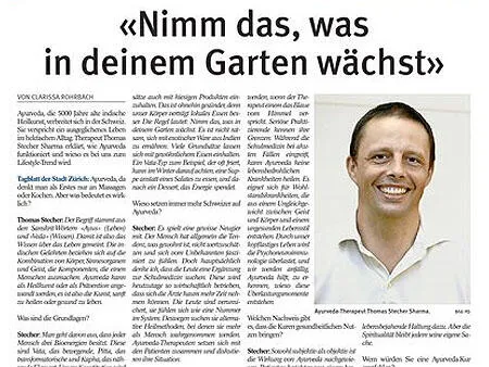 German newspaper article about Ayurveda featuring a profile photo of therapist Thomas Stecher.