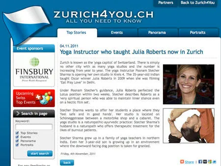English article about Julia Roberts' yoga instructor opening a studio in Zurich.