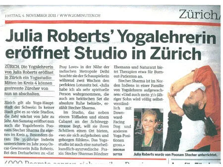 German newspaper clipping about Julia Roberts' yoga teacher opening a studio in Zurich.