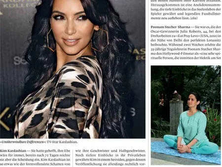 German magazine page featuring a photo of Kim Kardashian alongside an article and photo of yoga teacher Poonam Stecher Sharma.