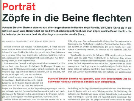 German newspaper portrait article about yoga teacher Poonam Stecher Sharma with the headline „Zöpfe in die Beine flechten“.
