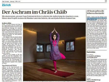 German newspaper article about a yoga center in Zurich, featuring Poonam Stecher Sharma performing a tree pose on a mat.