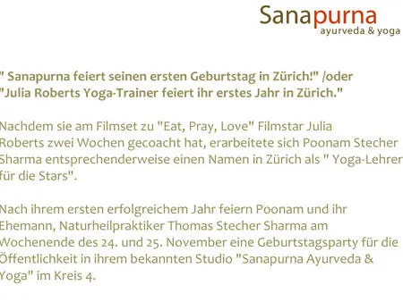 German anniversary announcement text for Sanapurna Ayurveda & Yoga.