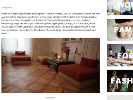 A webpage screenshot featuring German text about the Sanapurna health center next to a photo of a cozy lounge area with floor cushions.