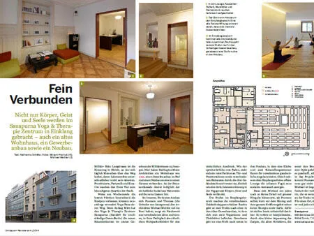 German brochure pages showing the interior, floor plan, and exterior building of the Sanapurna Yoga center.